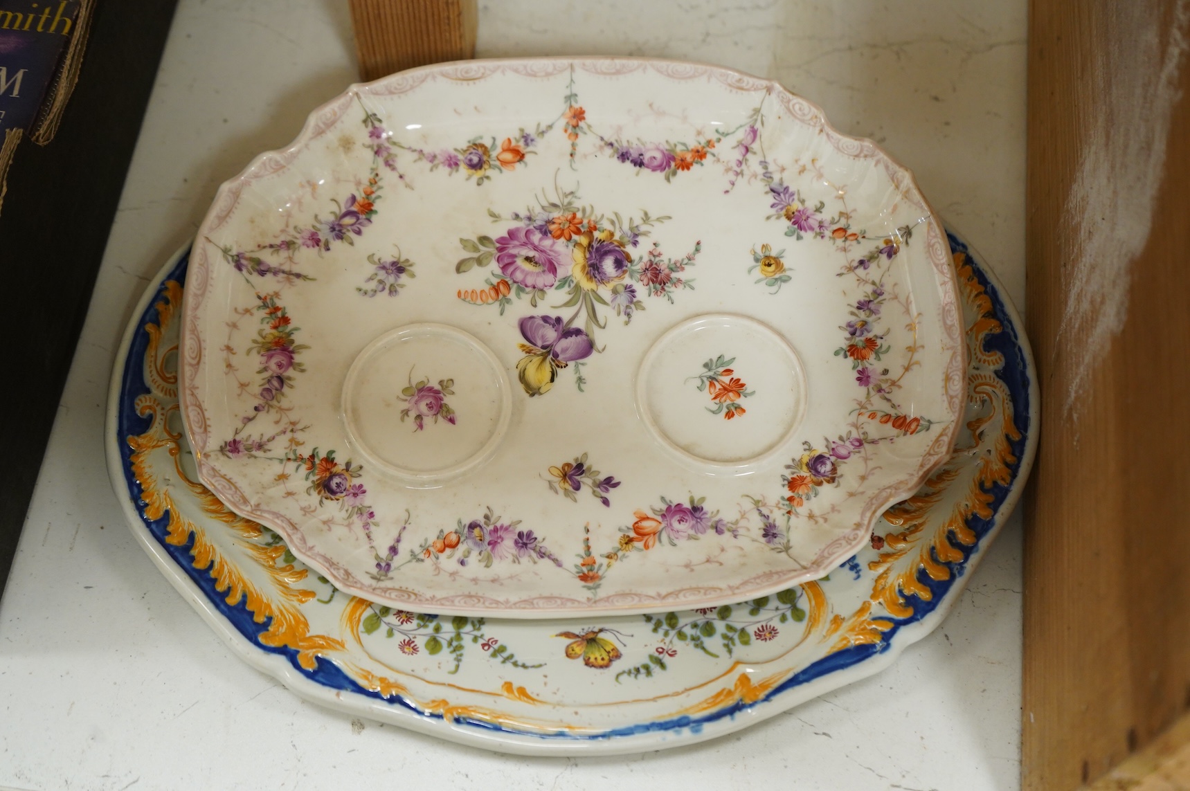 A late 19th century Dresden ink stand and a pair of candlesticks and a Nove faience dish